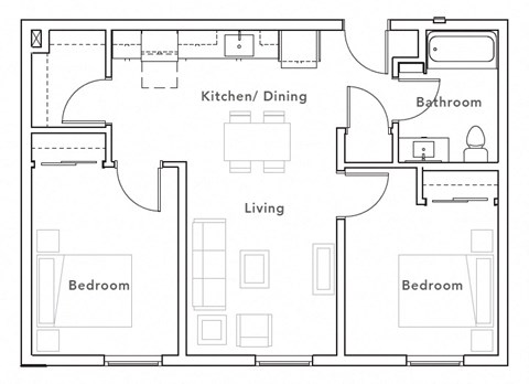 Floor plan for 2 beds, 1 bath, 928 sqft